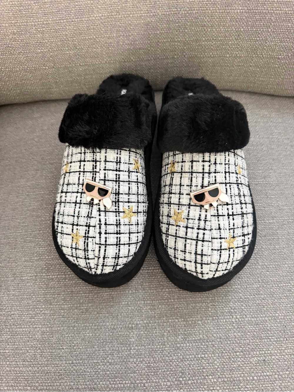 Karl Lagerfeld Black & White Tweed Star Slip-On Slippers with Gold Accents